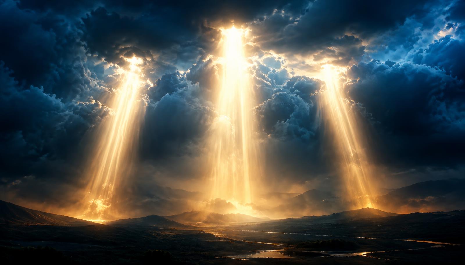 Three shafts of golden light descending through dark blue clouds