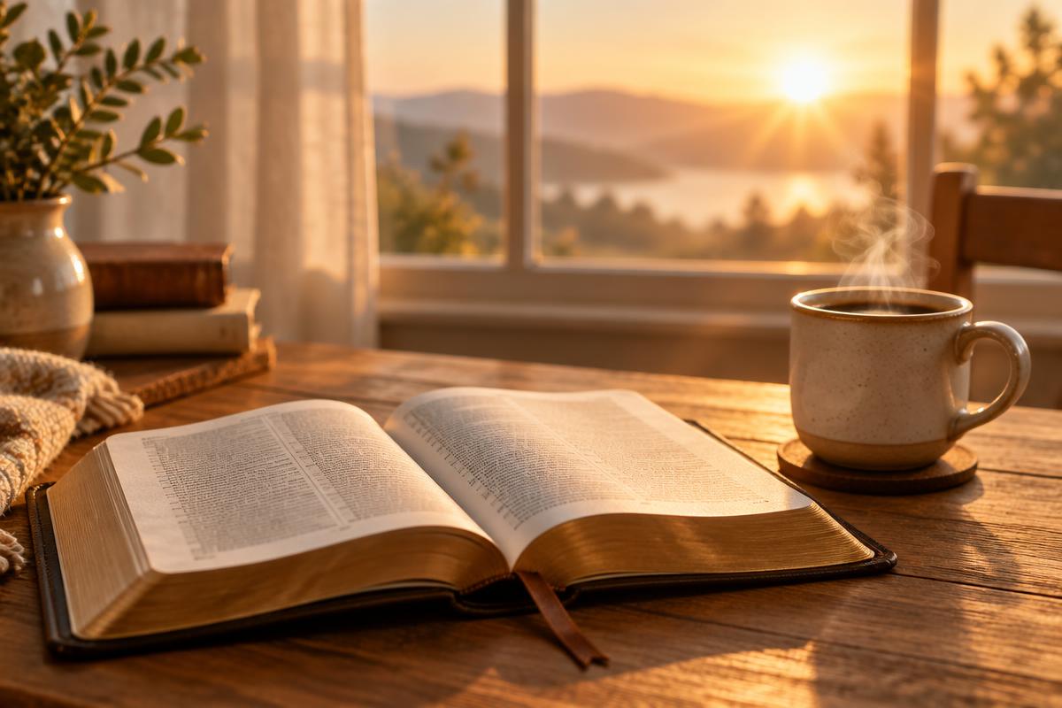 An open Bible beside a warm cup of coffee in morning light