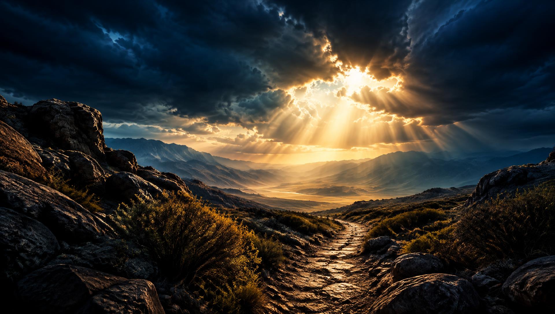 Golden light breaking through dark clouds over a wilderness path