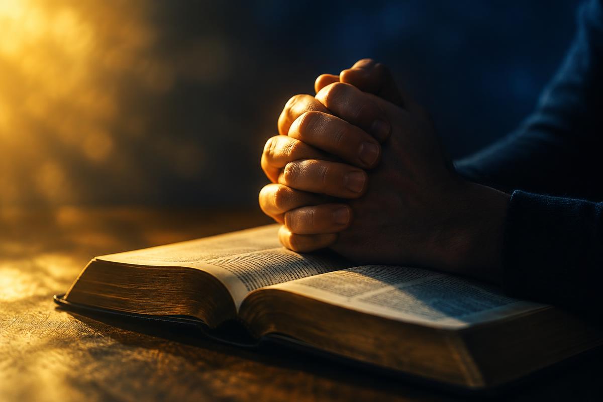 Hands clasped in prayer over an open Bible in warm light